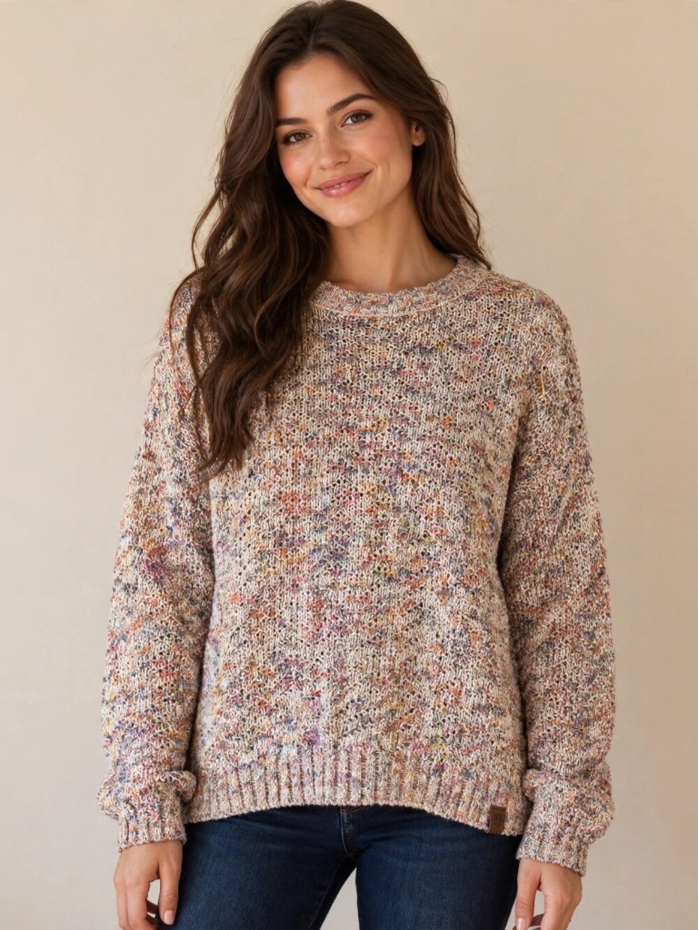 Roots Sweater S Marled Knit Crewneck Oversized Confetti Cabin Cozy